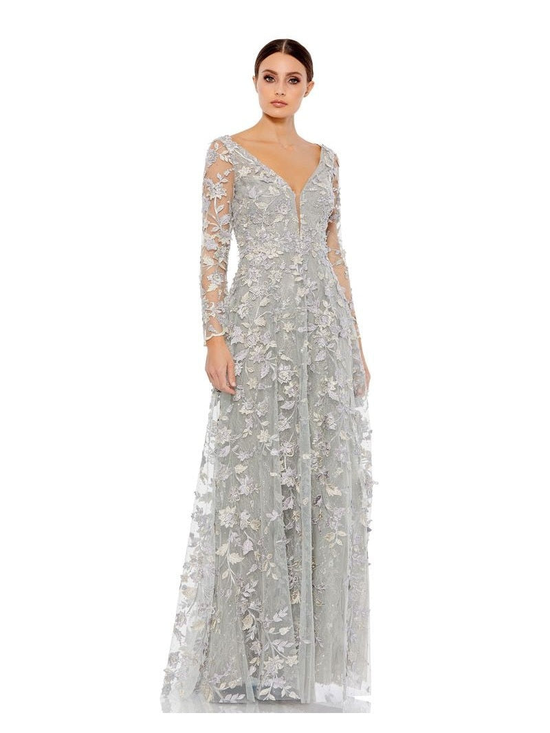 Floral Applique Long Sleeve Illusion Gown