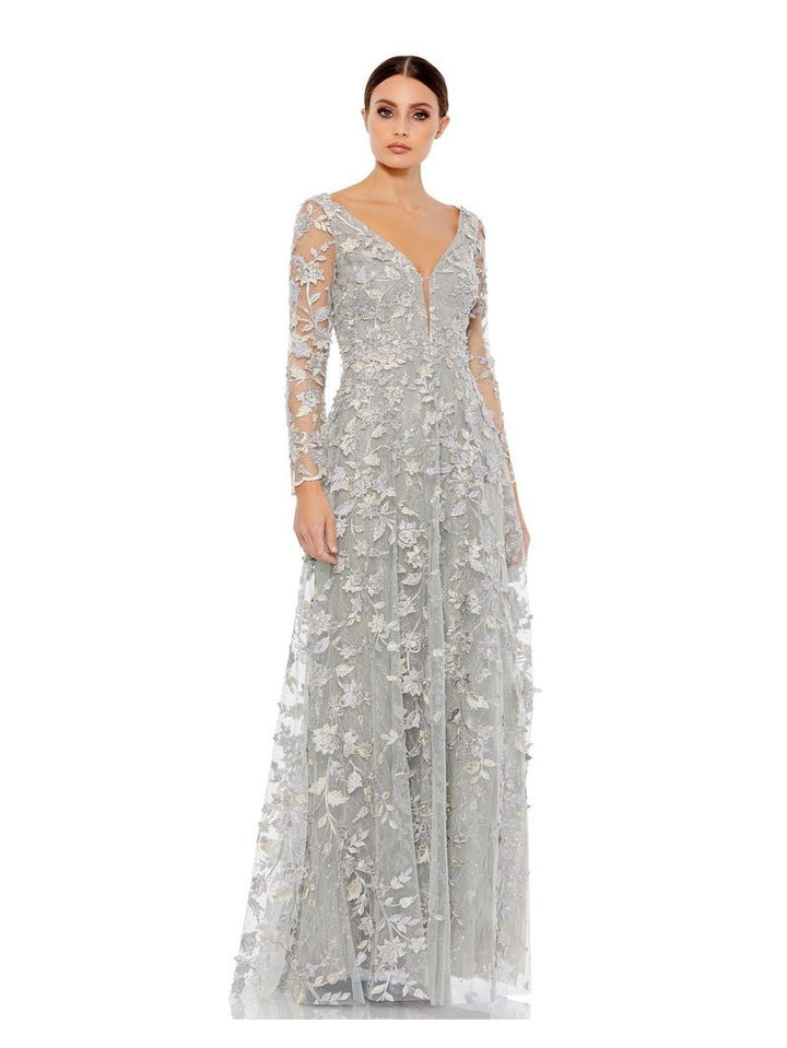 Floral Applique Long Sleeve Illusion Gown
