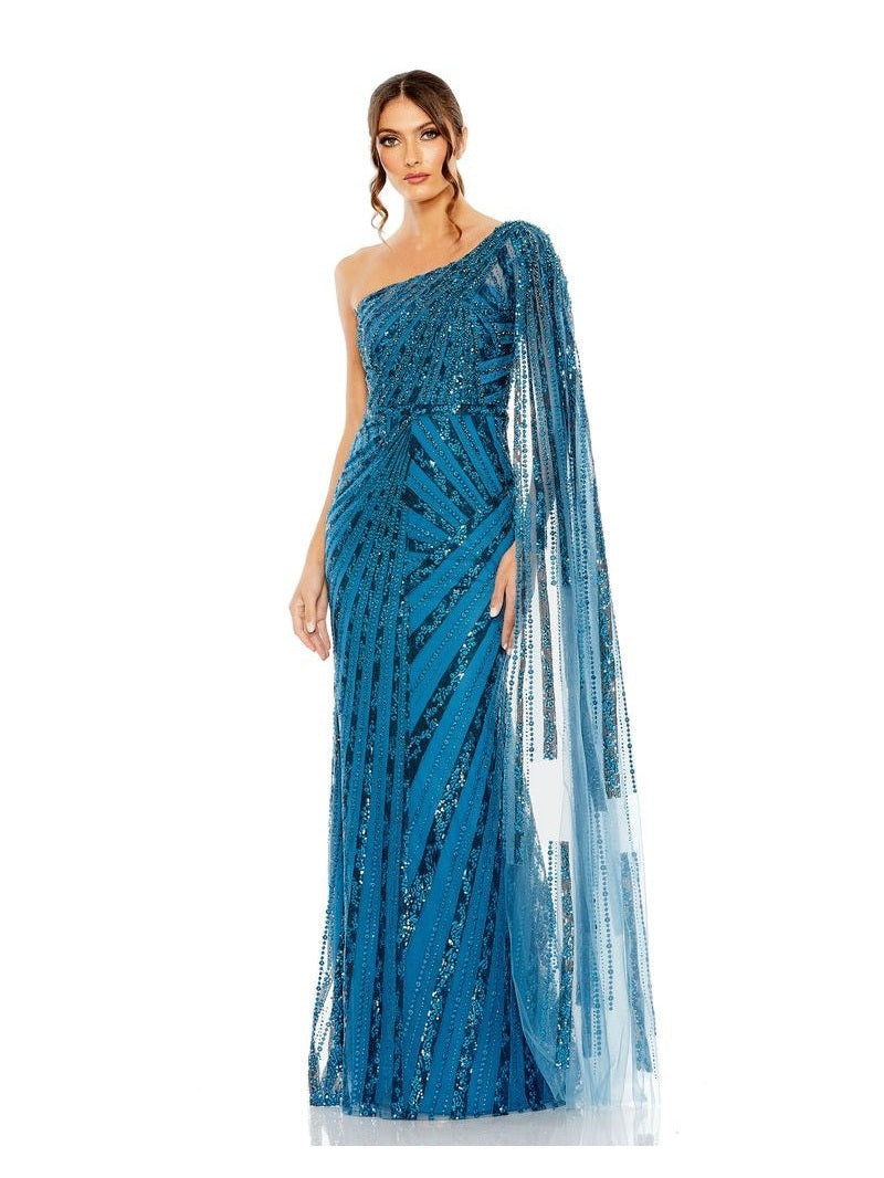 One Shoulder Cape Sleeve Embellished Gown