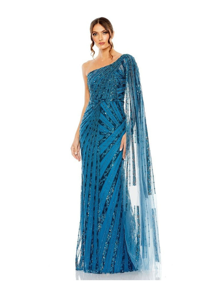 One Shoulder Cape Sleeve Embellished Gown