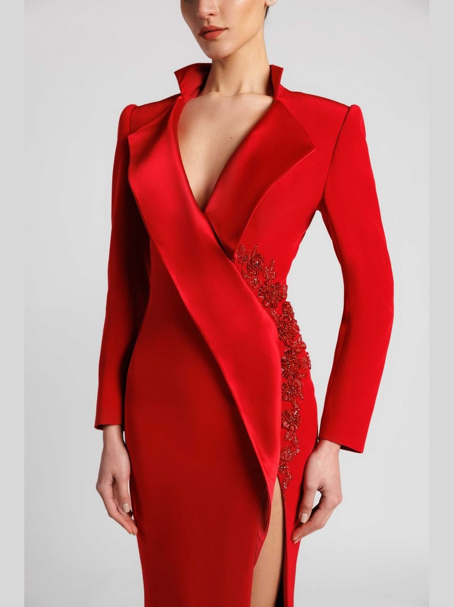 Blazer-Style Mermaid Evening Dress with Floral Sequin Embroidery