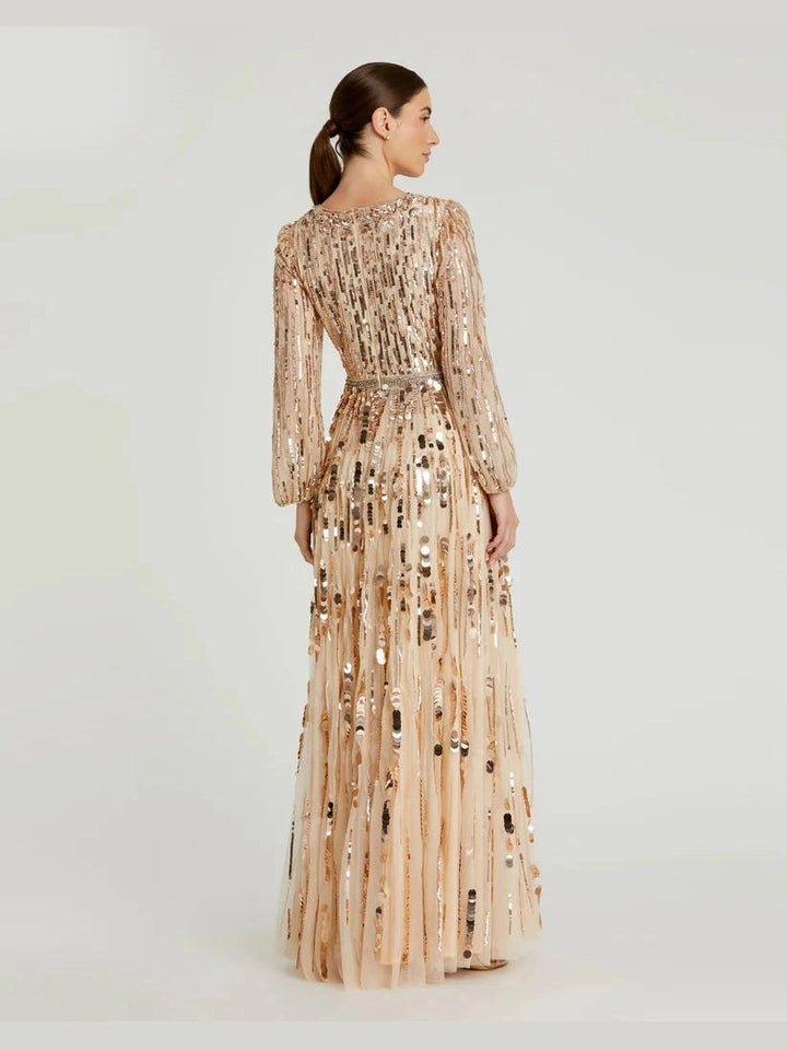 Embellished Mesh Long Sleeve V Neck Gown