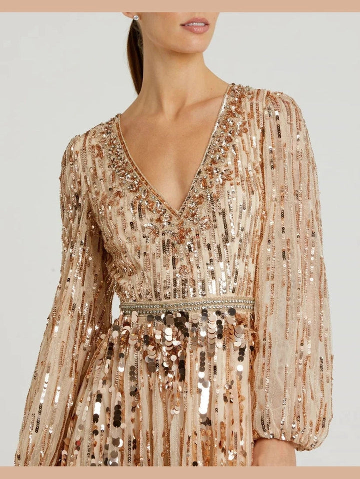 Embellished Mesh Long Sleeve V Neck Gown