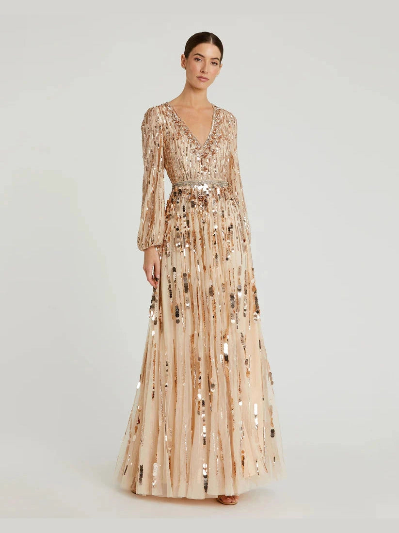 Embellished Mesh Long Sleeve V Neck Gown