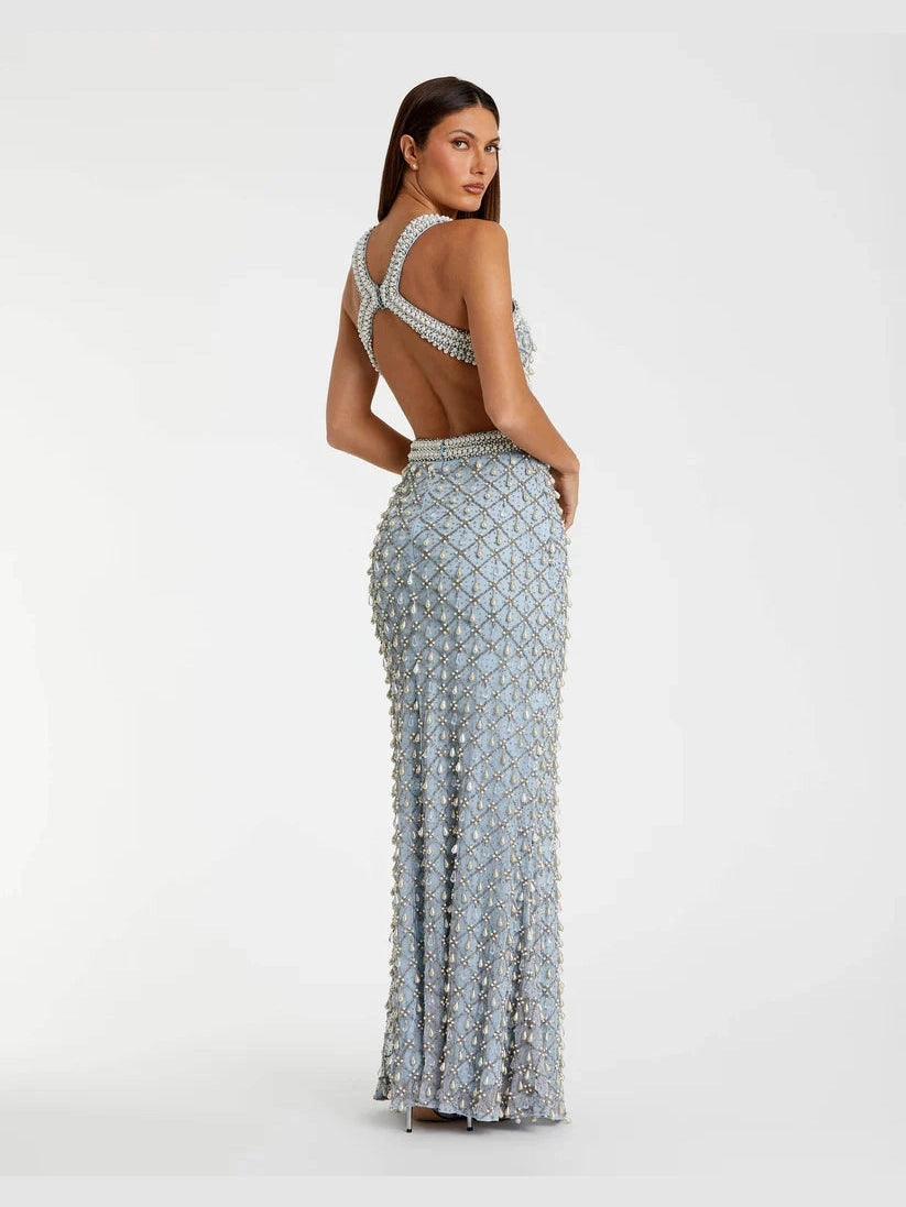 Sleeveless Halter Cutout Pearl Embellished Gown
