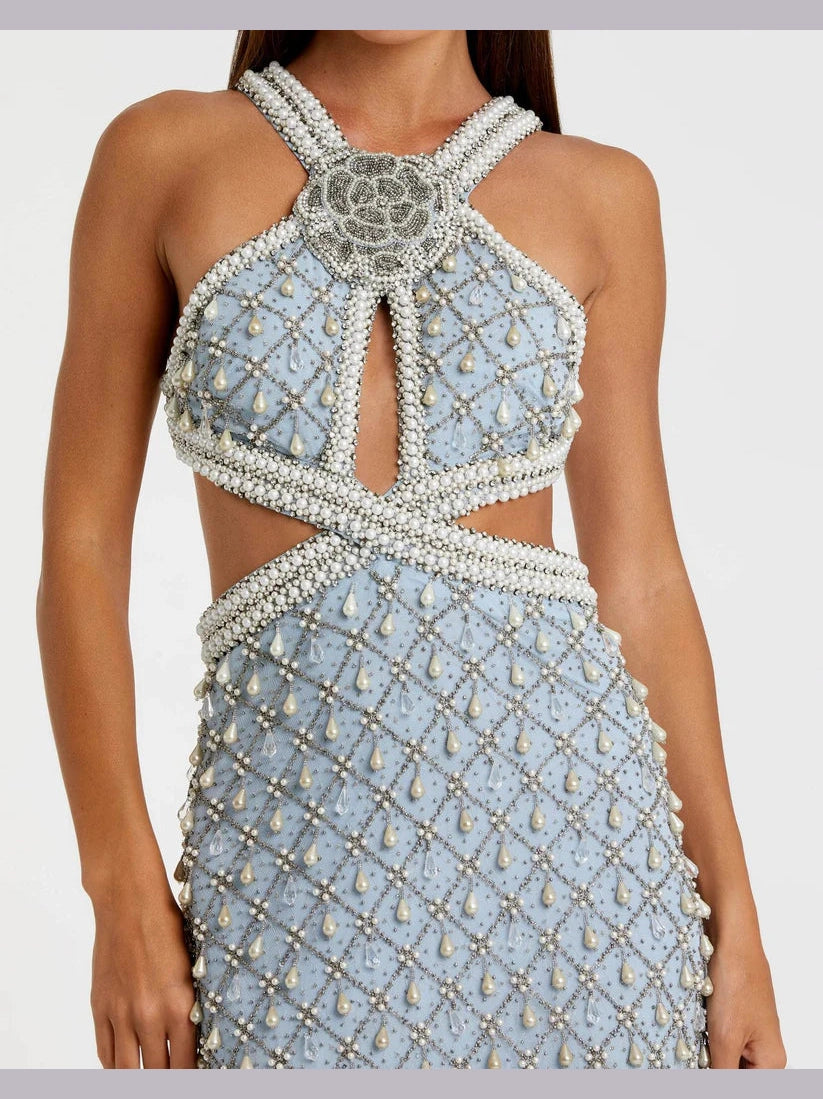 Sleeveless Halter Cutout Pearl Embellished Gown