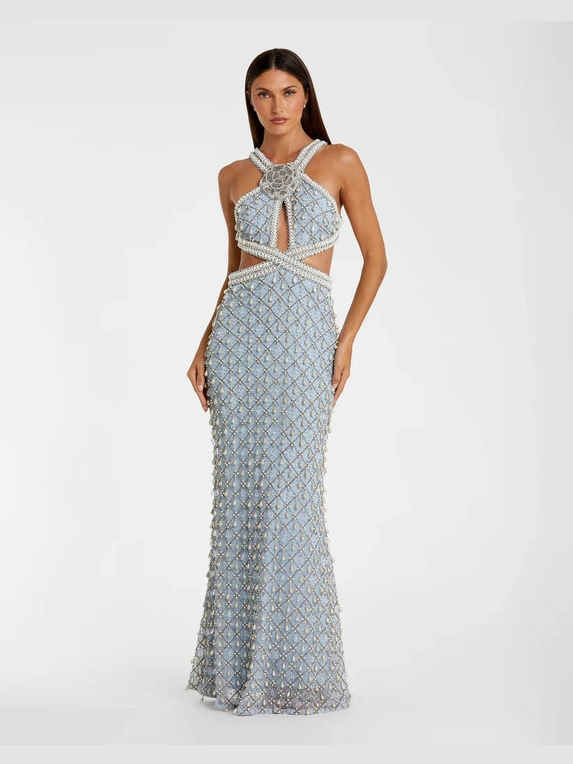 Sleeveless Halter Cutout Pearl Embellished Gown
