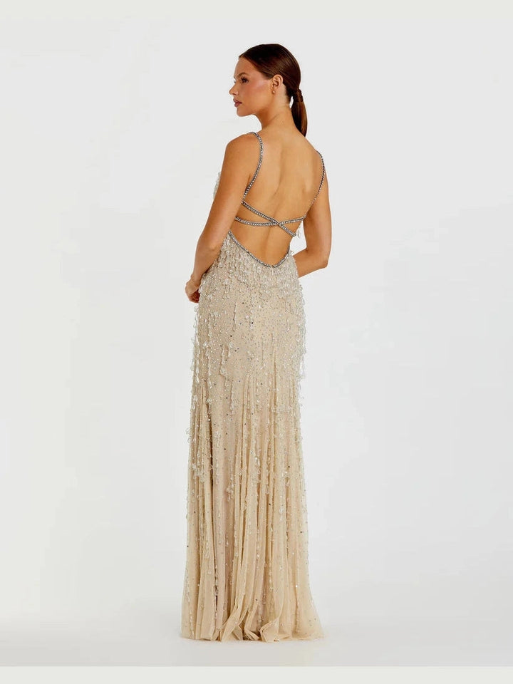 Thin Strap Net Embellished V Neck Gown