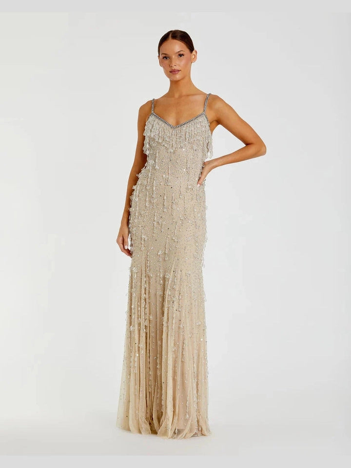 Thin Strap Net Embellished V Neck Gown