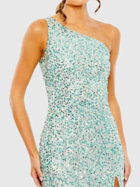 Sequined One Shoulder Gown With Slit