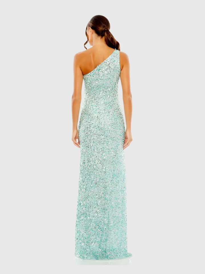 Sequined One Shoulder Gown With Slit