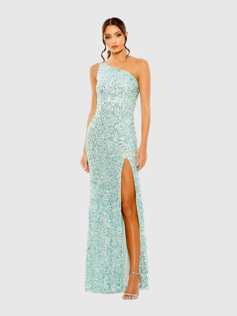 Sequined One Shoulder Gown With Slit