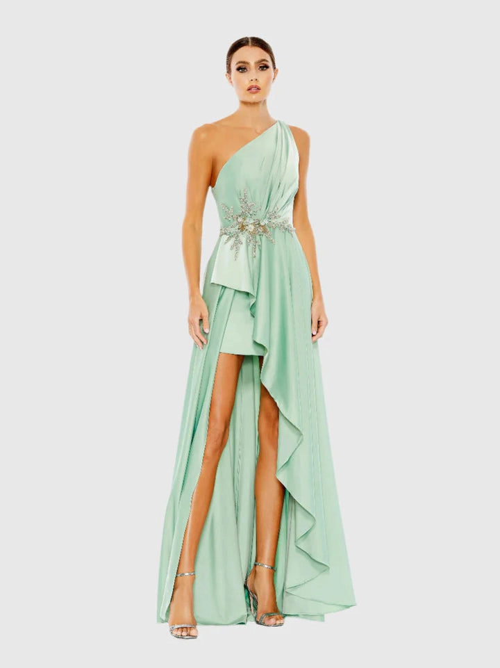 Embellished One Shoulder Asymmetrical Gown