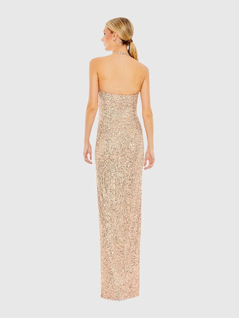 Sequined Halter Strap Low Side Knot Gown