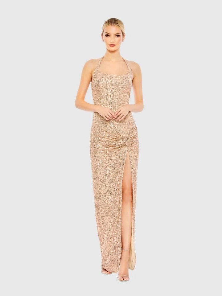 Sequined Halter Strap Low Side Knot Gown