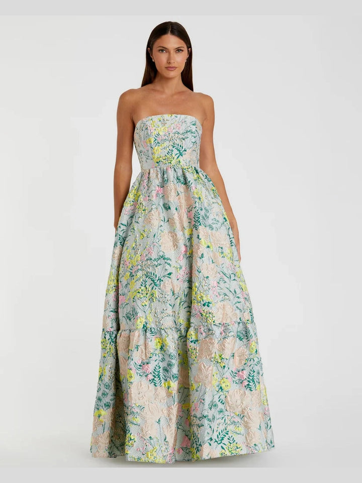 Floral Brocade Strapless A Line Gown