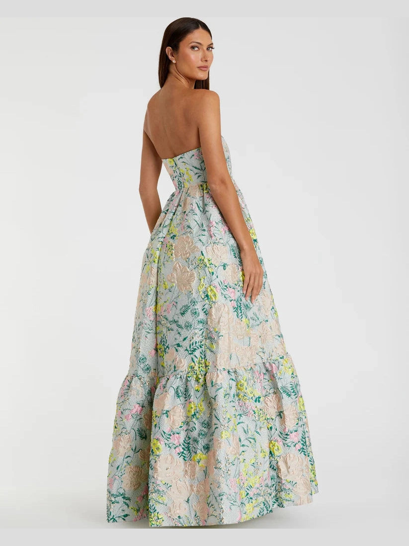Floral Brocade Strapless A Line Gown