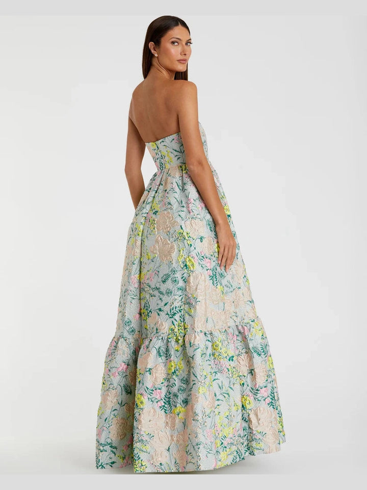 Floral Brocade Strapless A Line Gown