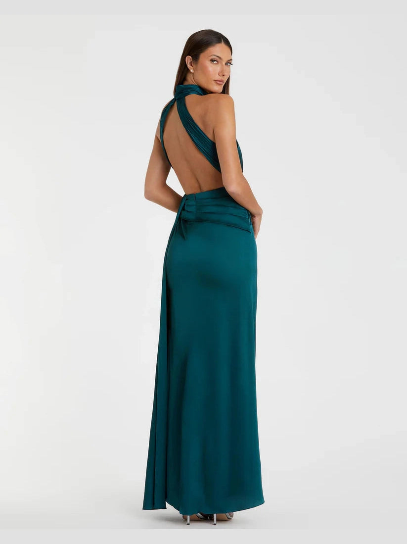 Open Back High Neck Side Ruched Gown