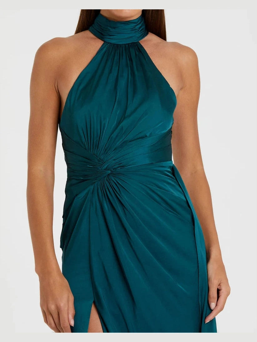 Open Back High Neck Side Ruched Gown