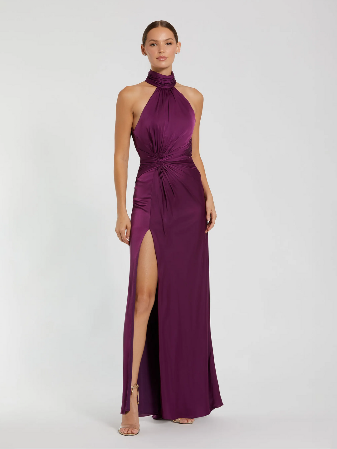 Open Back High Neck Side Ruched Gown