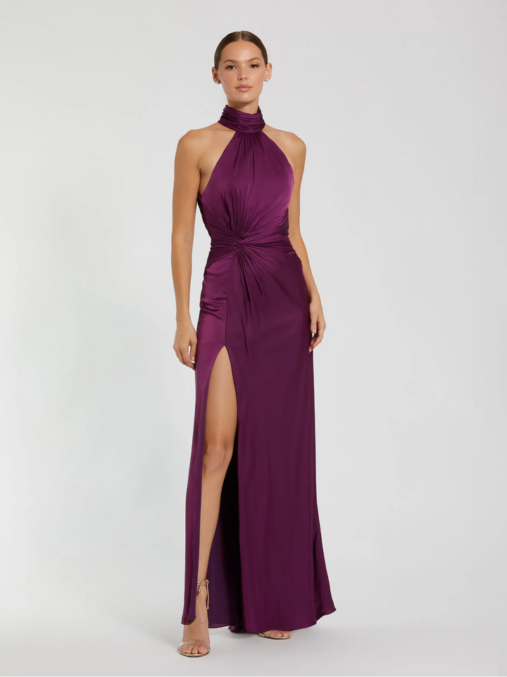 Open Back High Neck Side Ruched Gown
