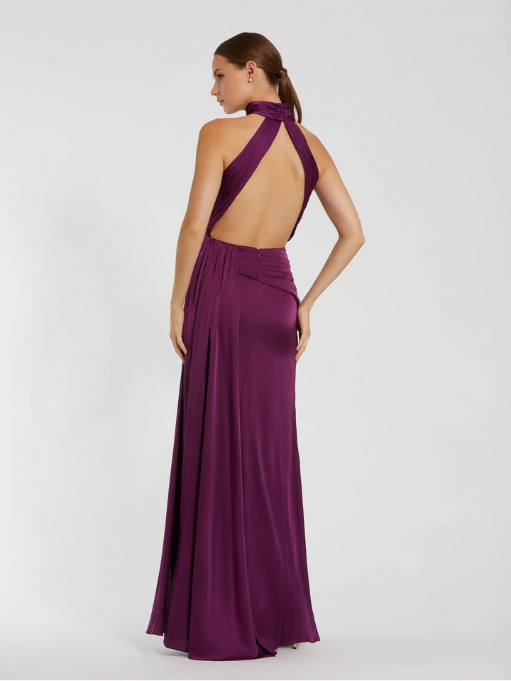 Open Back High Neck Side Ruched Gown