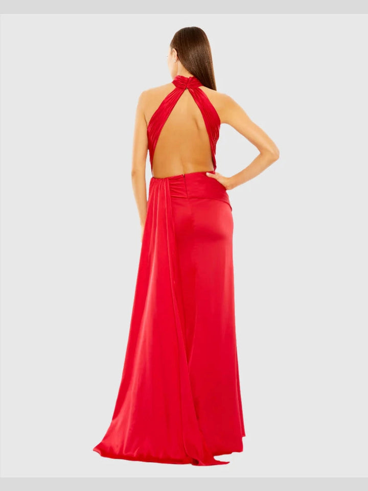 Open Back High Neck Side Ruched Gown