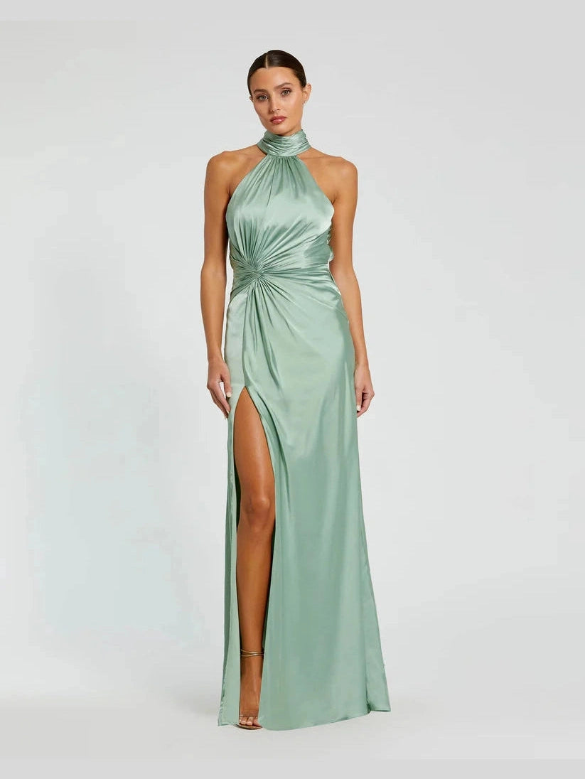 Open Back High Neck Side Ruched Gown