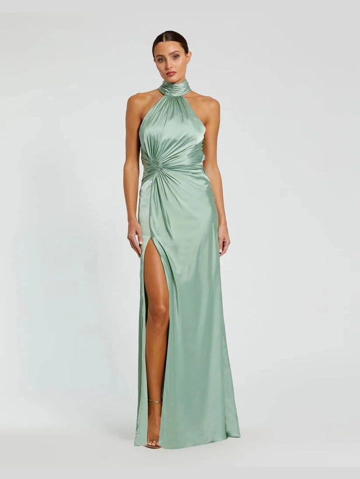 Open Back High Neck Side Ruched Gown