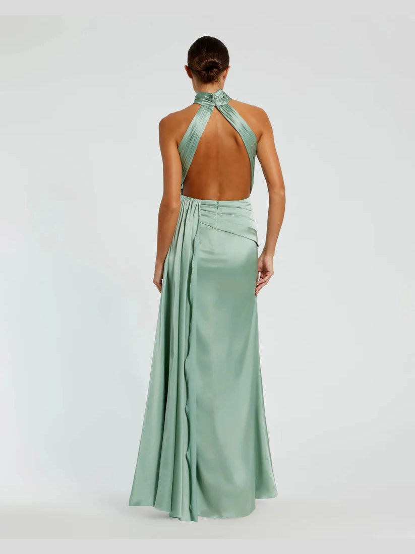 Open Back High Neck Side Ruched Gown