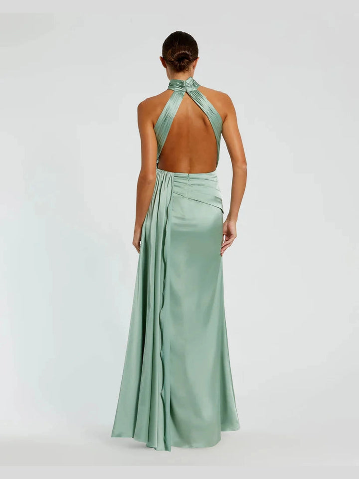 Open Back High Neck Side Ruched Gown