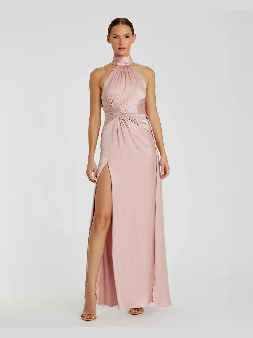 Open Back High Neck Side Ruched Gown