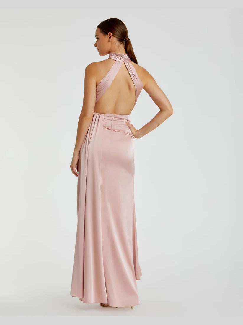 Open Back High Neck Side Ruched Gown