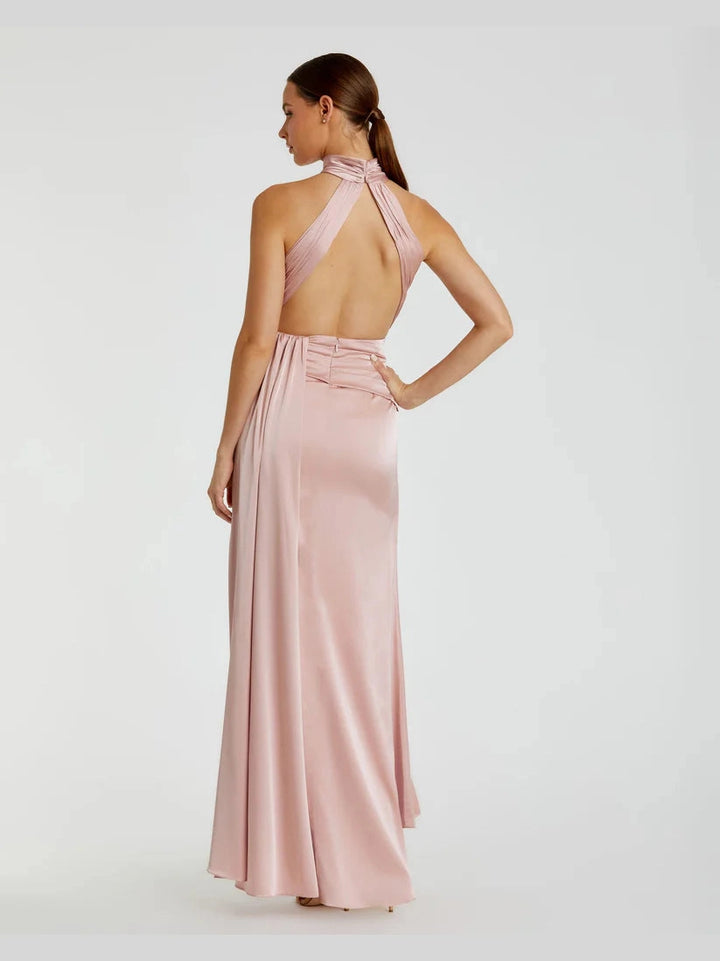 Open Back High Neck Side Ruched Gown