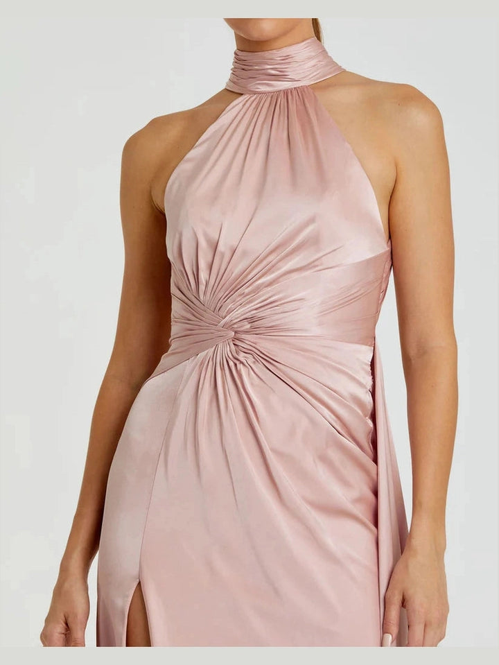 Open Back High Neck Side Ruched Gown