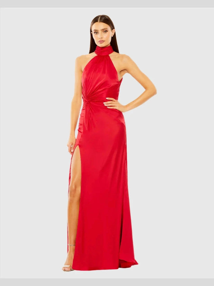 Open Back High Neck Side Ruched Gown