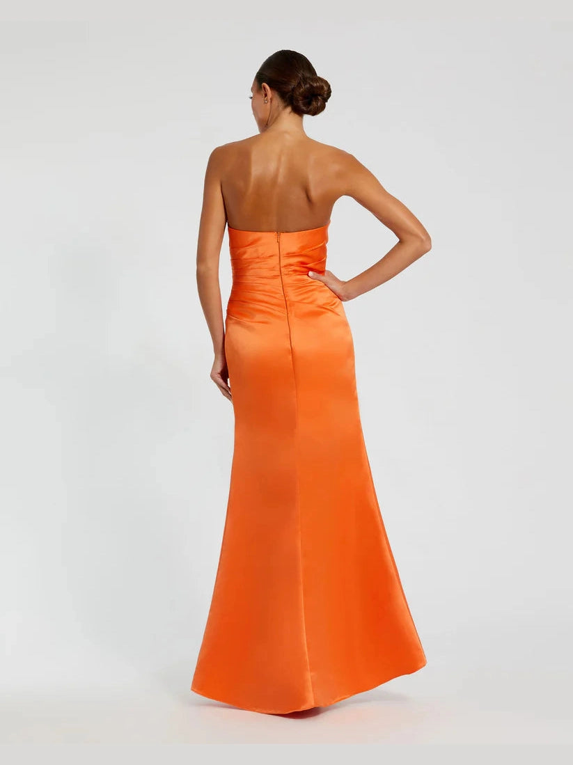Strapless Gathered High Slit Gown