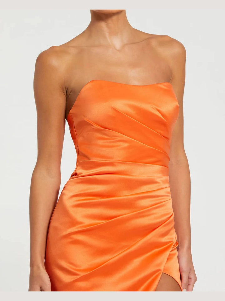 Strapless Gathered High Slit Gown