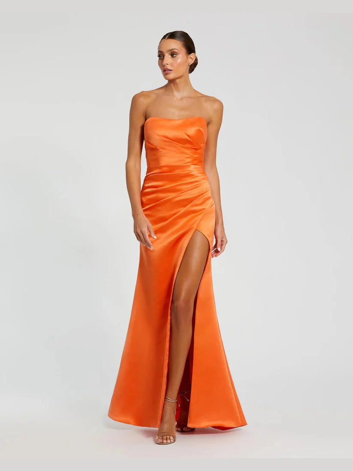 Strapless Gathered High Slit Gown
