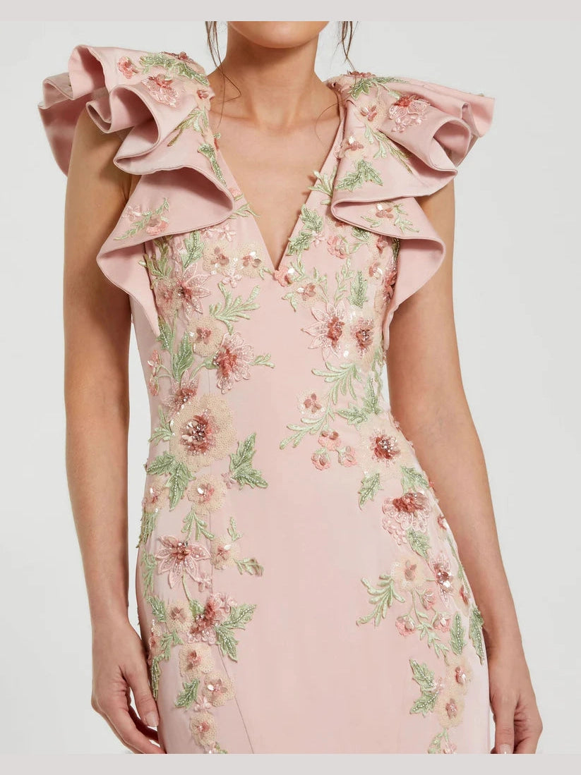 Flutter Sleeve Embellished Mermaid Gown