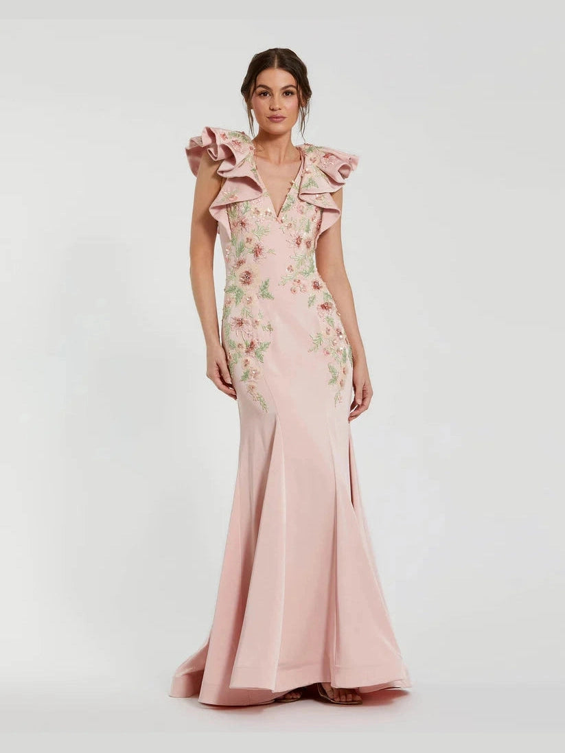 Flutter Sleeve Embellished Mermaid Gown