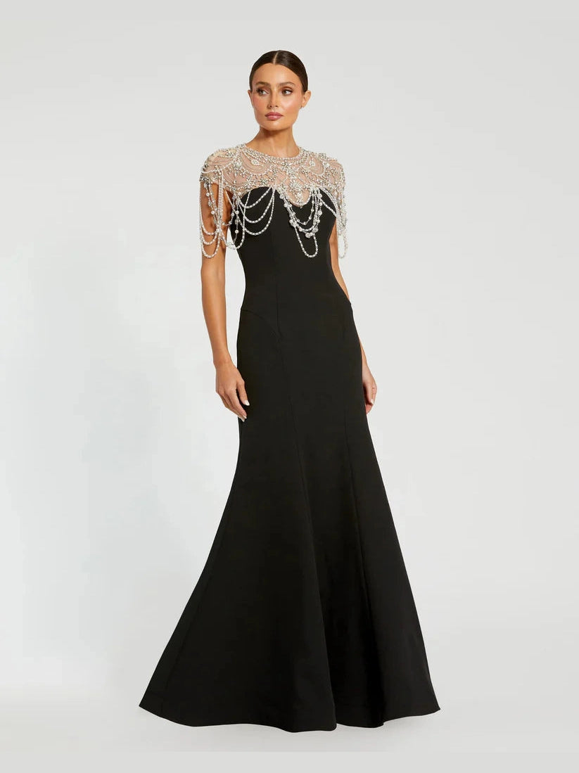 Draped Pearl Beaded Mermaid Gown