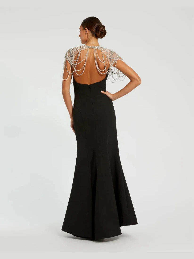 Draped Pearl Beaded Mermaid Gown