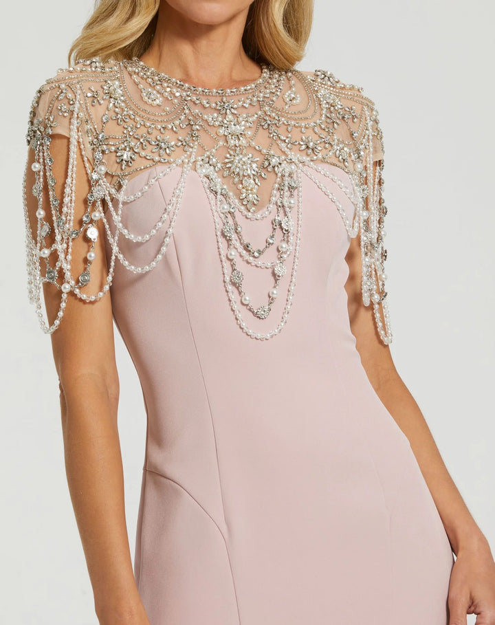 Pink Draped Pearl Beaded Mermaid Gown