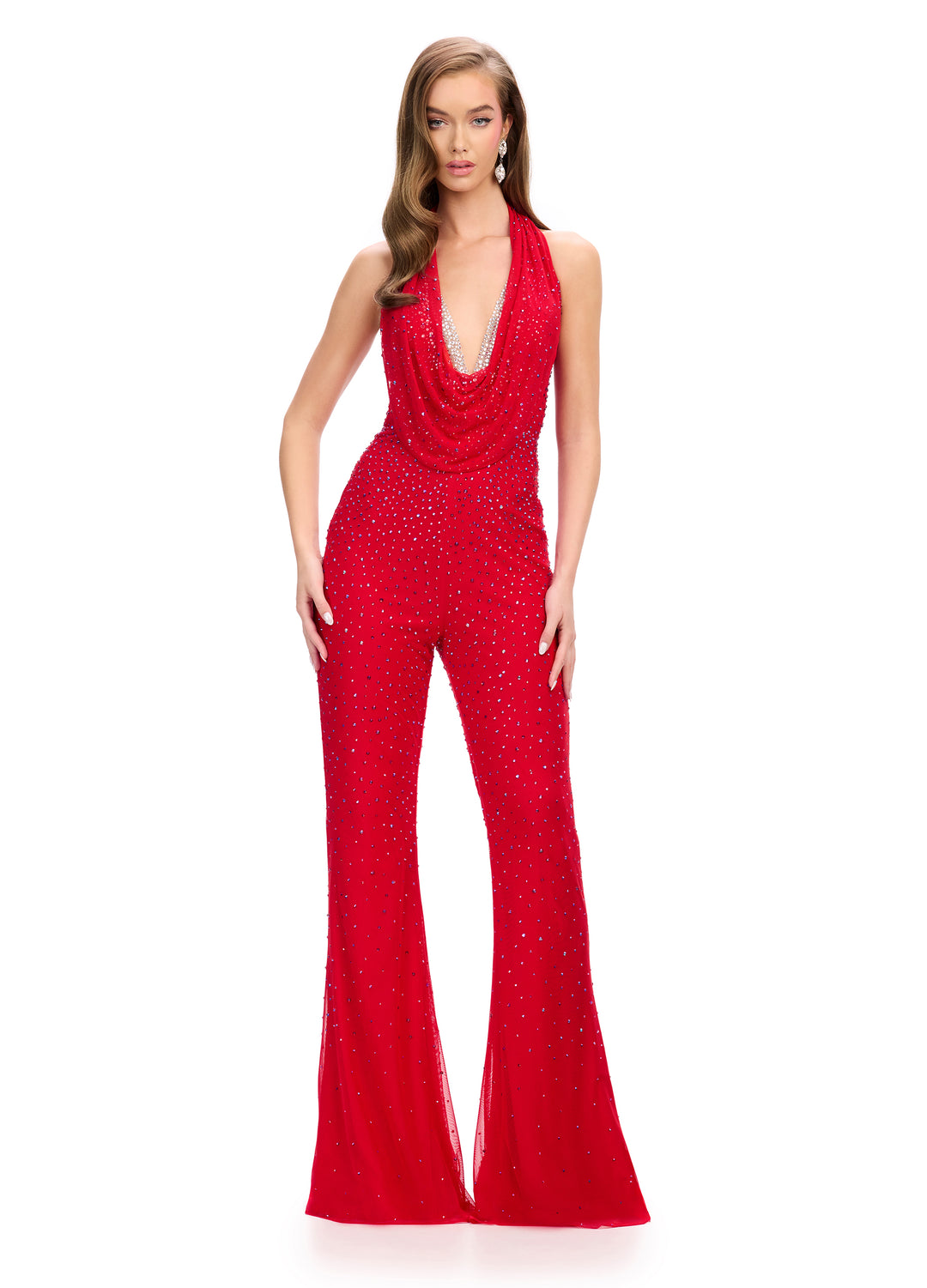 Red Halter Neck Beaded Jumpsuit