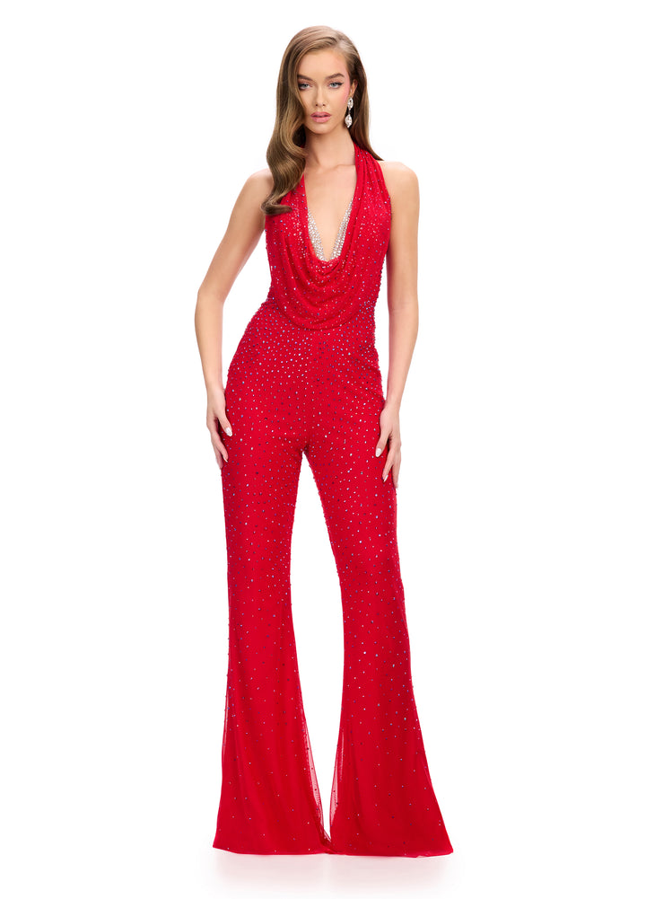 Red Halter Neck Beaded Jumpsuit