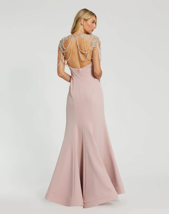 Pink Draped Pearl Beaded Mermaid Gown
