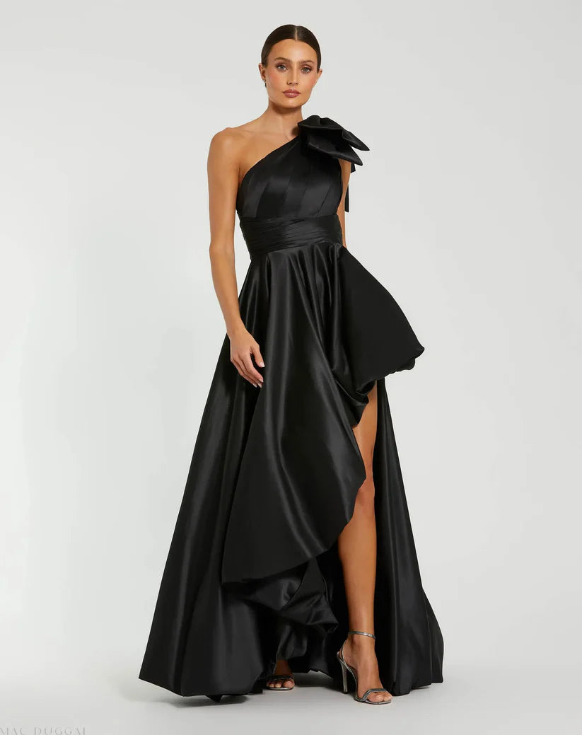 Black Satin One Shoulder Bow Gown - Main Image