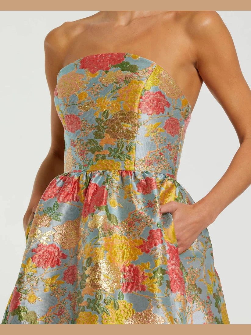 Strapless Brocade Floral Gown With Ruffle Hem